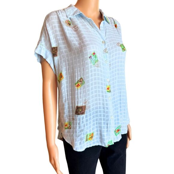 Anthropologie Jane & Delancey Light Blue Postage Print Button Up Top Medium - Picture 3 of 7